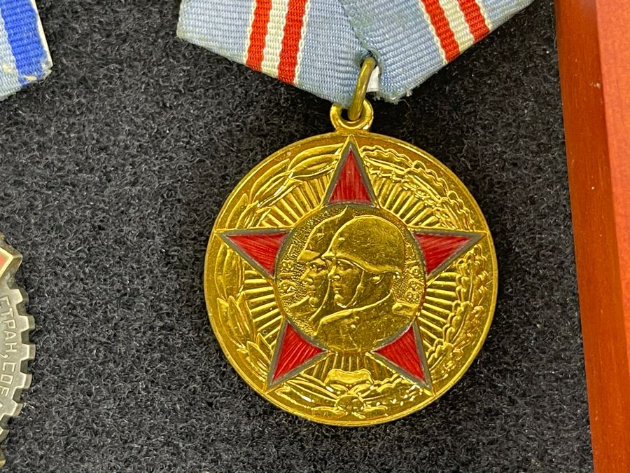Collection Of Vintage Soviet Union USSR Military Medals Presented In Glass Top Wooden Display Box 14.5W X 11.5D X 1.75H [Photo 6]