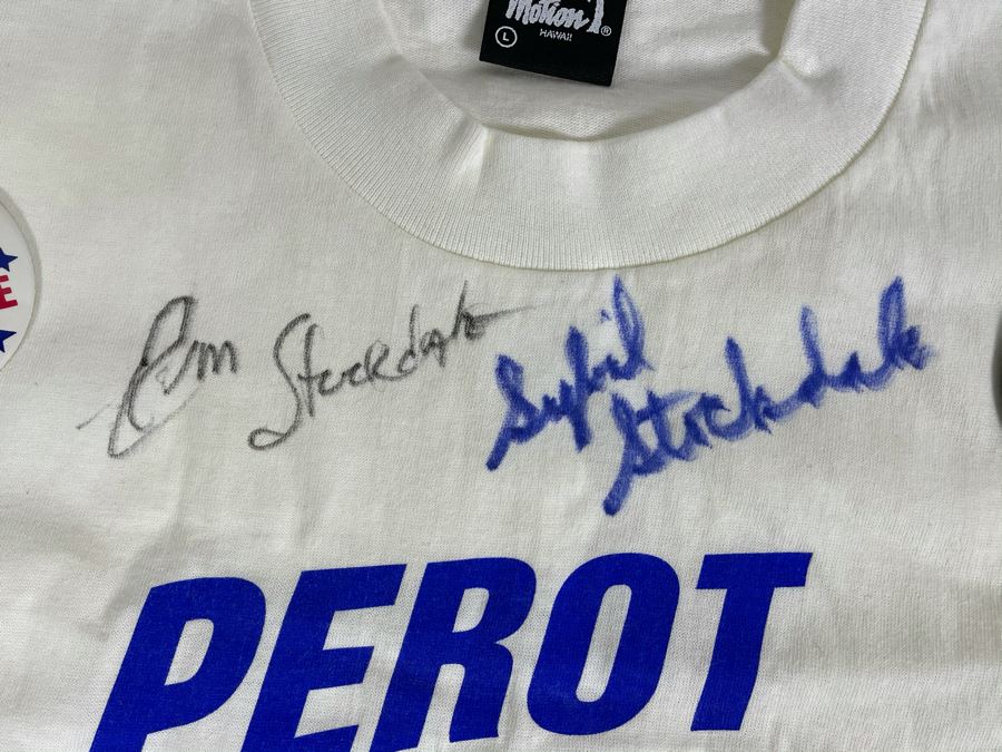 Signed Political T-Shirt Perot For President Hand Signed By Vice Admiral James Stockdale And Wife Sybil Stockdale With Richard Nixon Political Button [Photo 3]