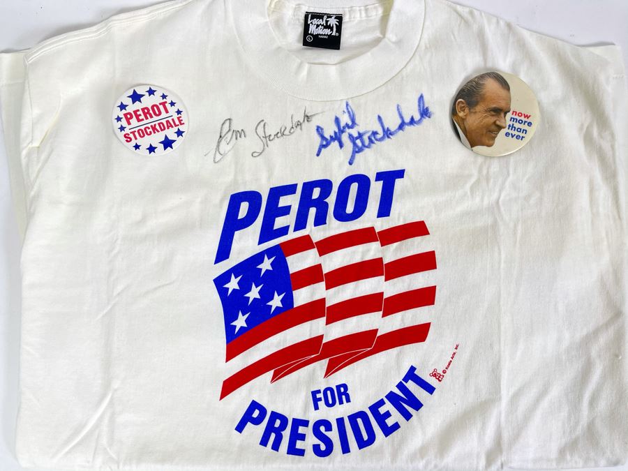 Signed Political T-Shirt Perot For President Hand Signed By Vice Admiral James Stockdale And Wife Sybil Stockdale With Richard Nixon Political Button [Photo 2]
