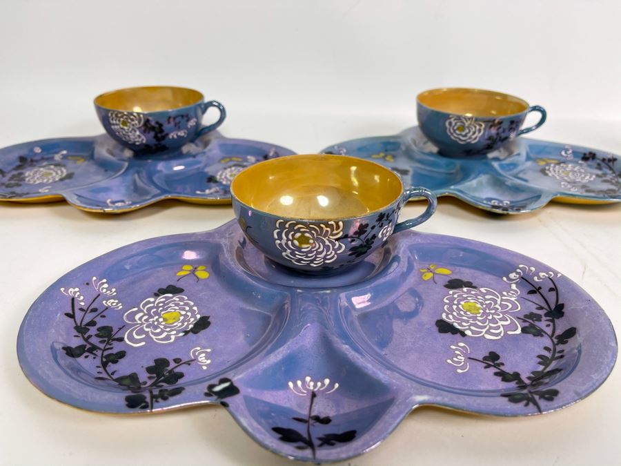 Set Of Three Hand Painted Japanese Luncheon Plates With Cups 9.5 X 7.5 [Photo 2]