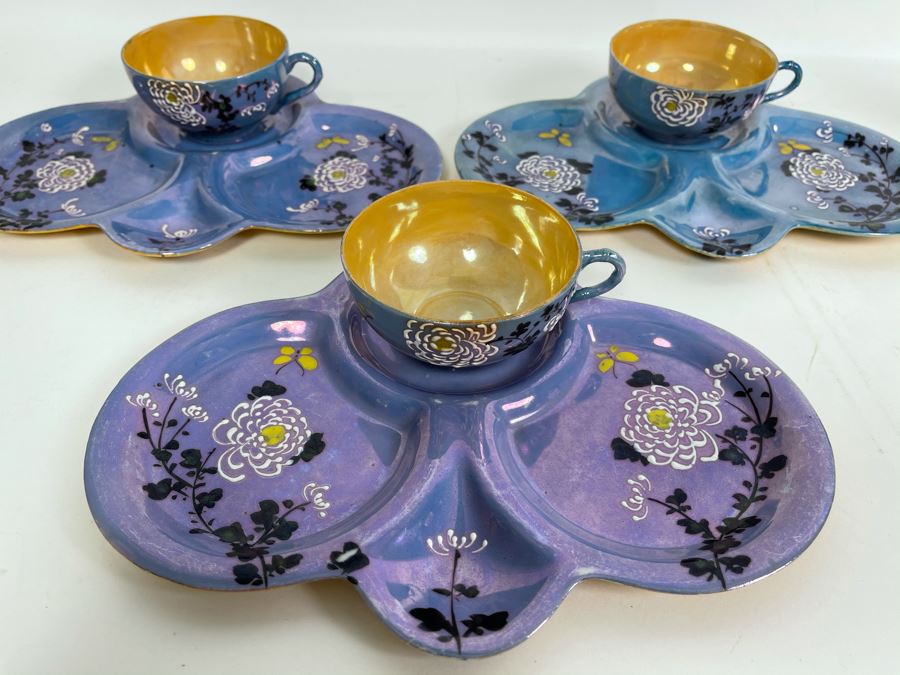 Set Of Three Hand Painted Japanese Luncheon Plates With Cups 9.5 X 7.5 [Photo 3]