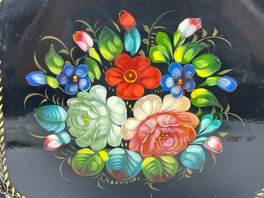 Vintage Soviet Union Hand Painted Russian Metal Serving Tray Signed 12.5 X 10 [Photo 2]