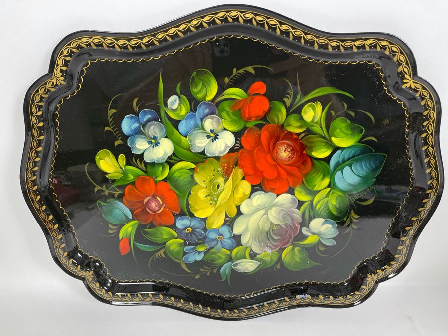 Vintage Soviet Union Hand Painted Russian Metal Serving Tray Signed 17 X 14 [Photo 1]
