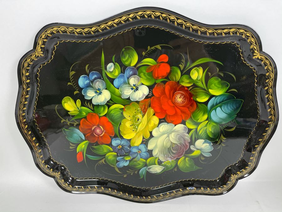 Vintage Soviet Union Hand Painted Russian Metal Serving Tray Signed 17 X 14 [Photo 2]