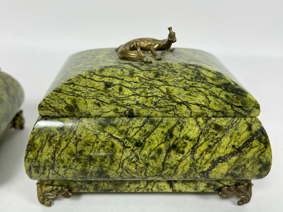 Pair Of Vintage Russian Green Marble Footed Trinket Dresser Boxes With Royal Crowned Lizard Finial Tops (Larger Is 4W X 3D X 3H) [Photo 3]