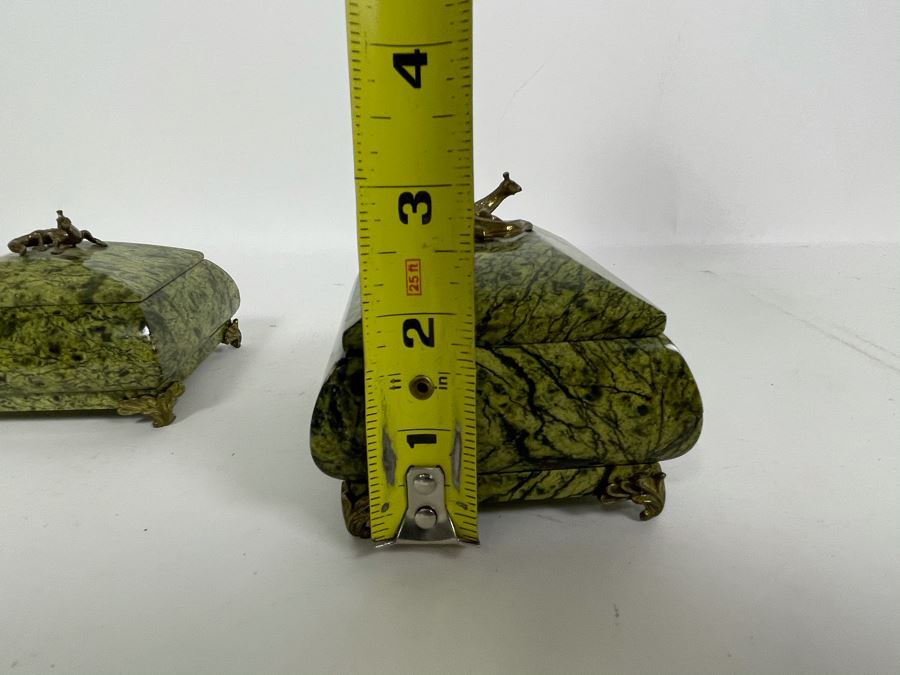 Pair Of Vintage Russian Green Marble Footed Trinket Dresser Boxes With Royal Crowned Lizard Finial Tops (Larger Is 4W X 3D X 3H) [Photo 11]
