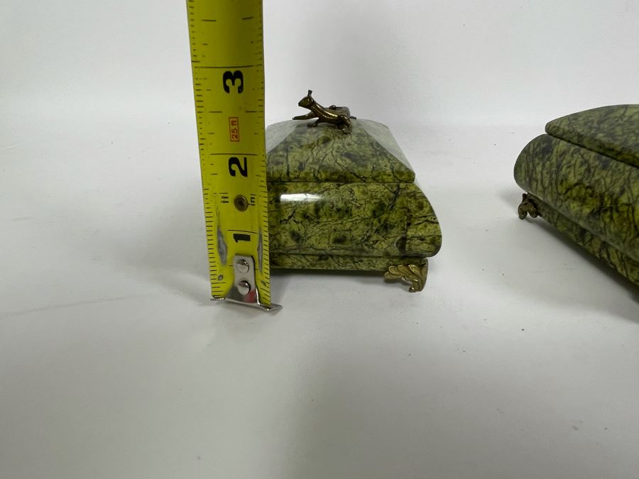 Pair Of Vintage Russian Green Marble Footed Trinket Dresser Boxes With Royal Crowned Lizard Finial Tops (Larger Is 4W X 3D X 3H) [Photo 14]