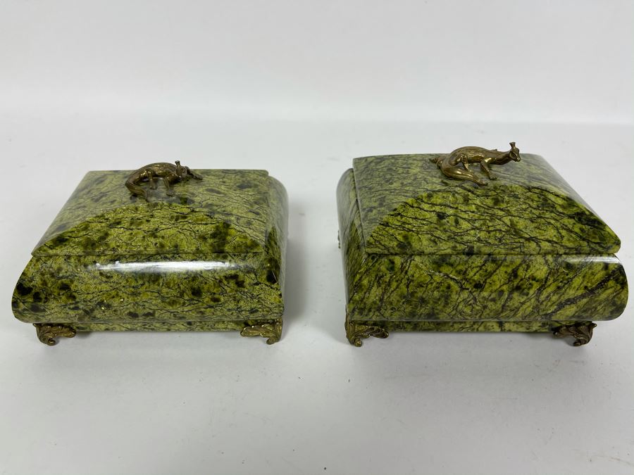 Pair Of Vintage Russian Green Marble Footed Trinket Dresser Boxes With Royal Crowned Lizard Finial Tops (Larger Is 4W X 3D X 3H) [Photo 1]