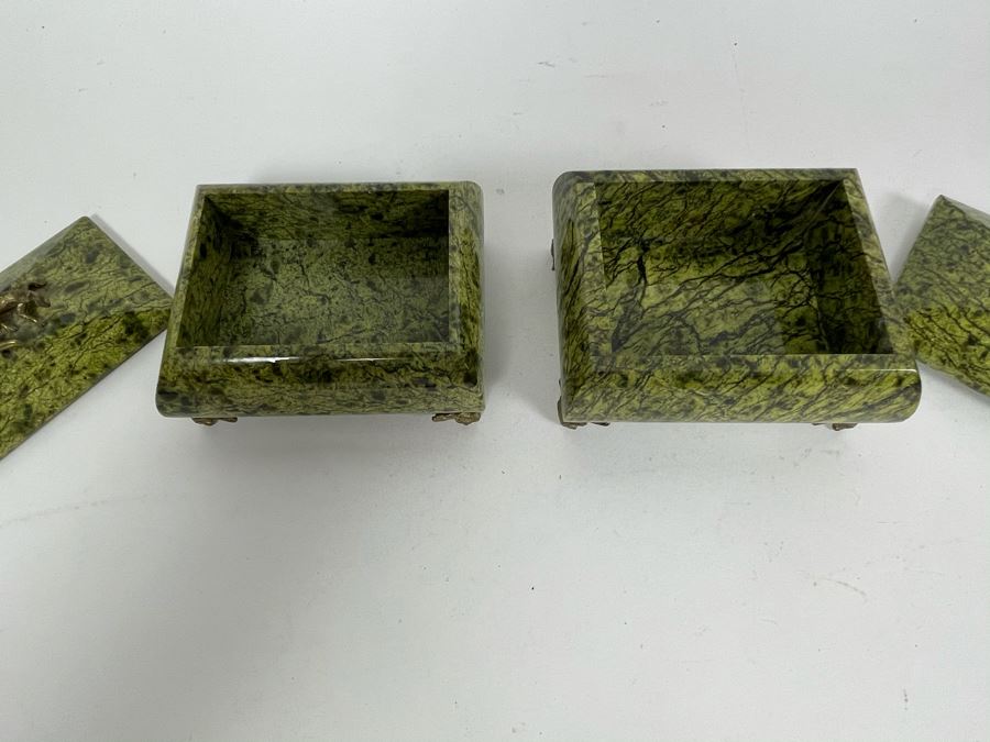 Pair Of Vintage Russian Green Marble Footed Trinket Dresser Boxes With Royal Crowned Lizard Finial Tops (Larger Is 4W X 3D X 3H) [Photo 7]