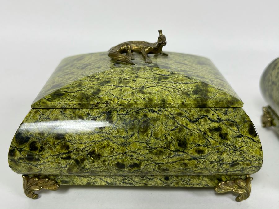 Pair Of Vintage Russian Green Marble Footed Trinket Dresser Boxes With Royal Crowned Lizard Finial Tops (Larger Is 4W X 3D X 3H) [Photo 6]