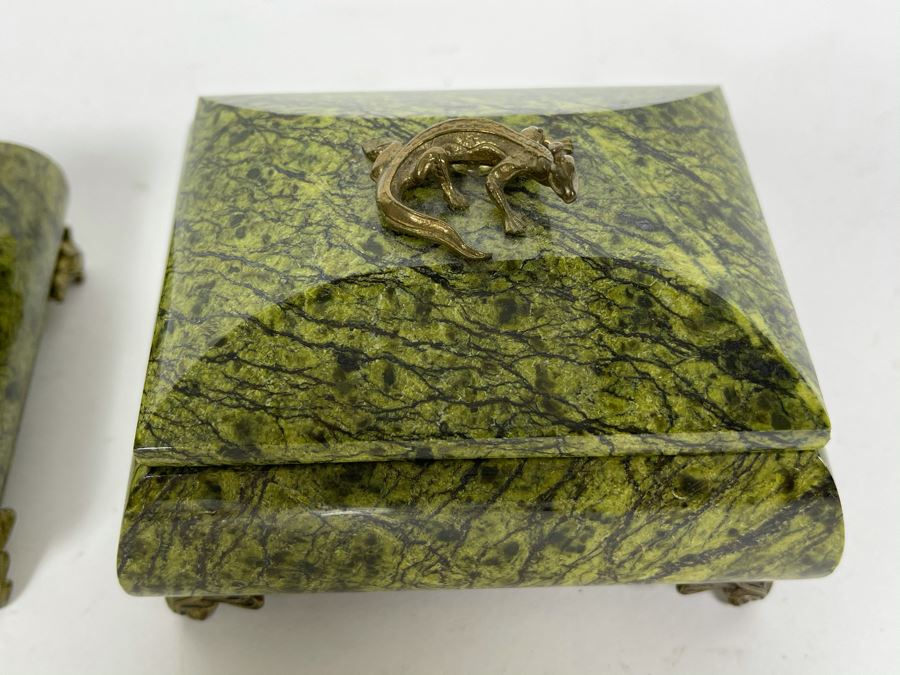 Pair Of Vintage Russian Green Marble Footed Trinket Dresser Boxes With Royal Crowned Lizard Finial Tops (Larger Is 4W X 3D X 3H) [Photo 4]