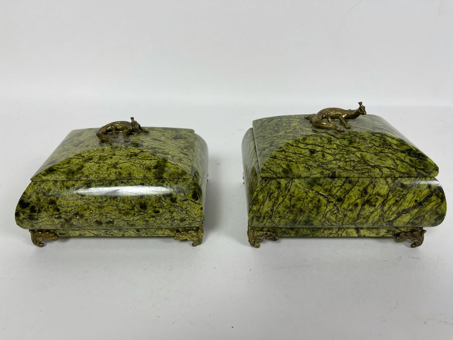 Pair Of Vintage Russian Green Marble Footed Trinket Dresser Boxes With Royal Crowned Lizard Finial Tops (Larger Is 4W X 3D X 3H) [Photo 2]