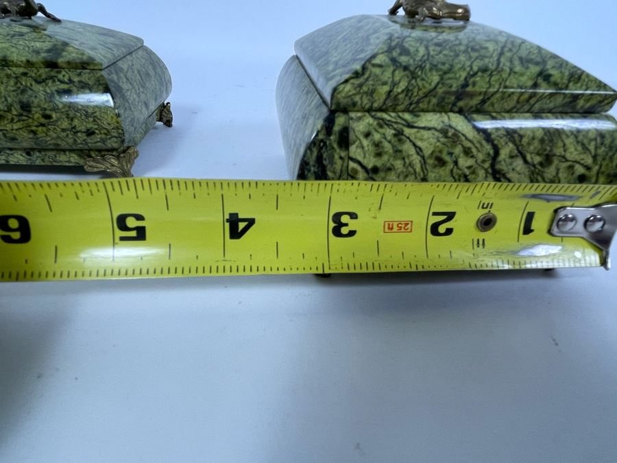 Pair Of Vintage Russian Green Marble Footed Trinket Dresser Boxes With Royal Crowned Lizard Finial Tops (Larger Is 4W X 3D X 3H) [Photo 10]