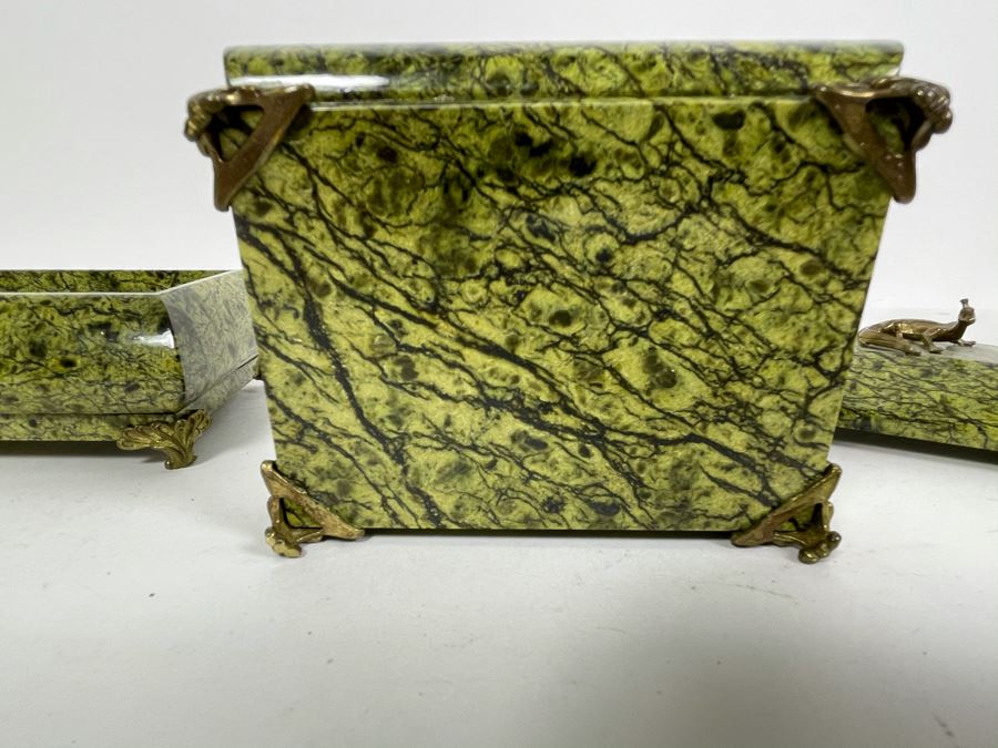 Pair Of Vintage Russian Green Marble Footed Trinket Dresser Boxes With Royal Crowned Lizard Finial Tops (Larger Is 4W X 3D X 3H) [Photo 8]