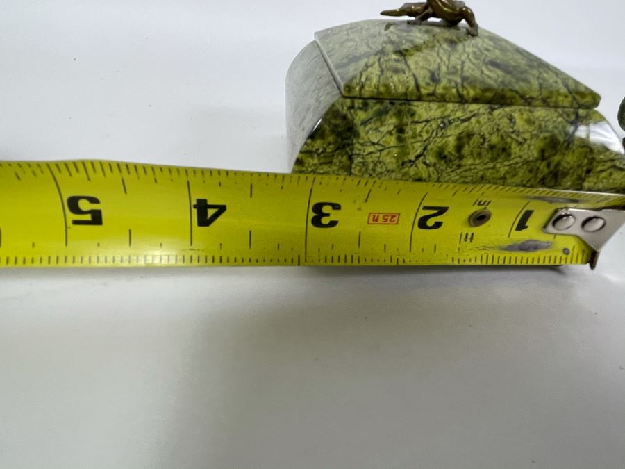 Pair Of Vintage Russian Green Marble Footed Trinket Dresser Boxes With Royal Crowned Lizard Finial Tops (Larger Is 4W X 3D X 3H) [Photo 13]