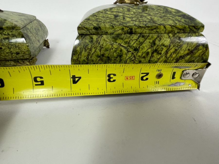 Pair Of Vintage Russian Green Marble Footed Trinket Dresser Boxes With Royal Crowned Lizard Finial Tops (Larger Is 4W X 3D X 3H) [Photo 9]