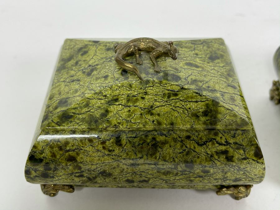 Pair Of Vintage Russian Green Marble Footed Trinket Dresser Boxes With Royal Crowned Lizard Finial Tops (Larger Is 4W X 3D X 3H) [Photo 5]