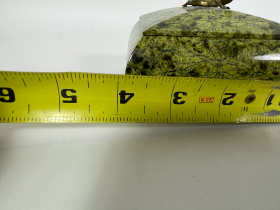 Pair Of Vintage Russian Green Marble Footed Trinket Dresser Boxes With Royal Crowned Lizard Finial Tops (Larger Is 4W X 3D X 3H) [Photo 12]