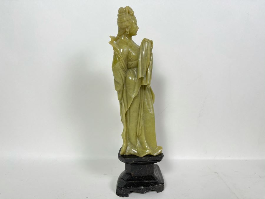Vintage Chinese Green Carved Stone Figure On Carved Black Stone Base 12H [Photo 8]