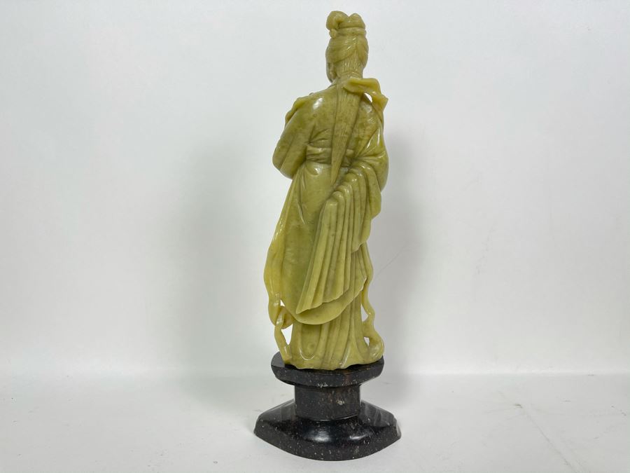 Vintage Chinese Green Carved Stone Figure On Carved Black Stone Base 12H [Photo 10]