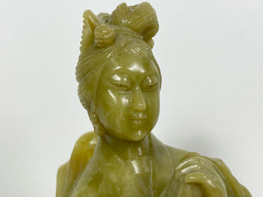 Vintage Chinese Green Carved Stone Figure On Carved Black Stone Base 12H [Photo 3]