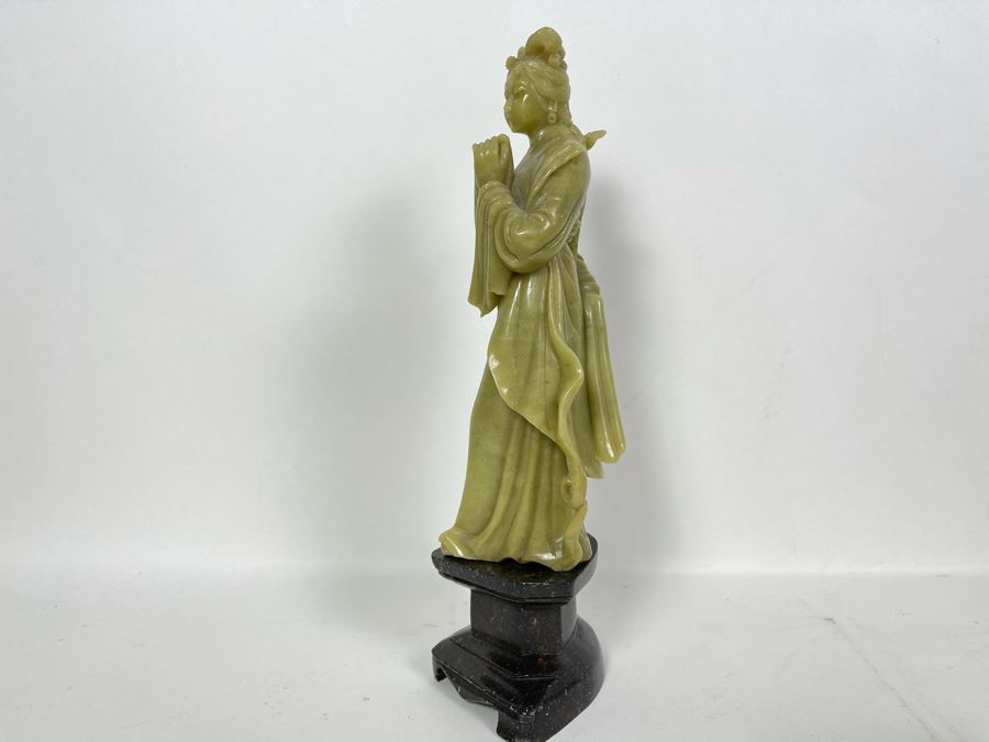 Vintage Chinese Green Carved Stone Figure On Carved Black Stone Base 12H [Photo 11]