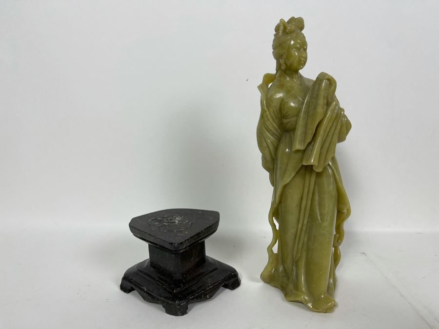 Vintage Chinese Green Carved Stone Figure On Carved Black Stone Base 12H [Photo 14]