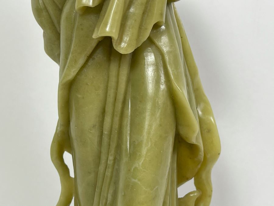 Vintage Chinese Green Carved Stone Figure On Carved Black Stone Base 12H [Photo 5]