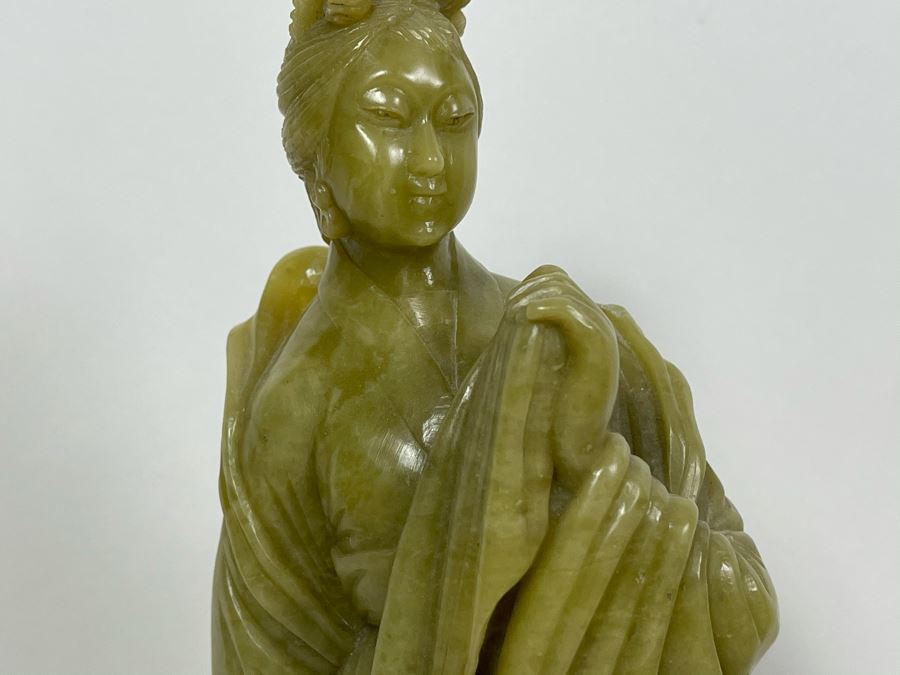 Vintage Chinese Green Carved Stone Figure On Carved Black Stone Base 12H [Photo 4]