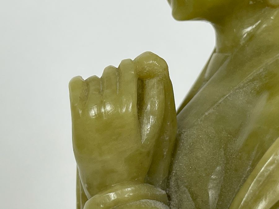 Vintage Chinese Green Carved Stone Figure On Carved Black Stone Base 12H [Photo 13]
