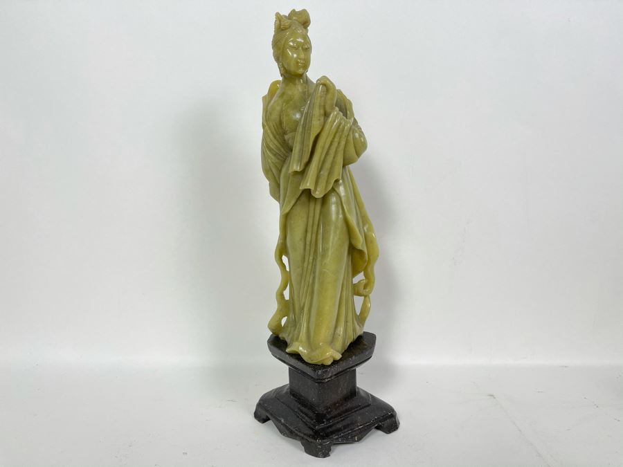 Vintage Chinese Green Carved Stone Figure On Carved Black Stone Base 12H [Photo 1]