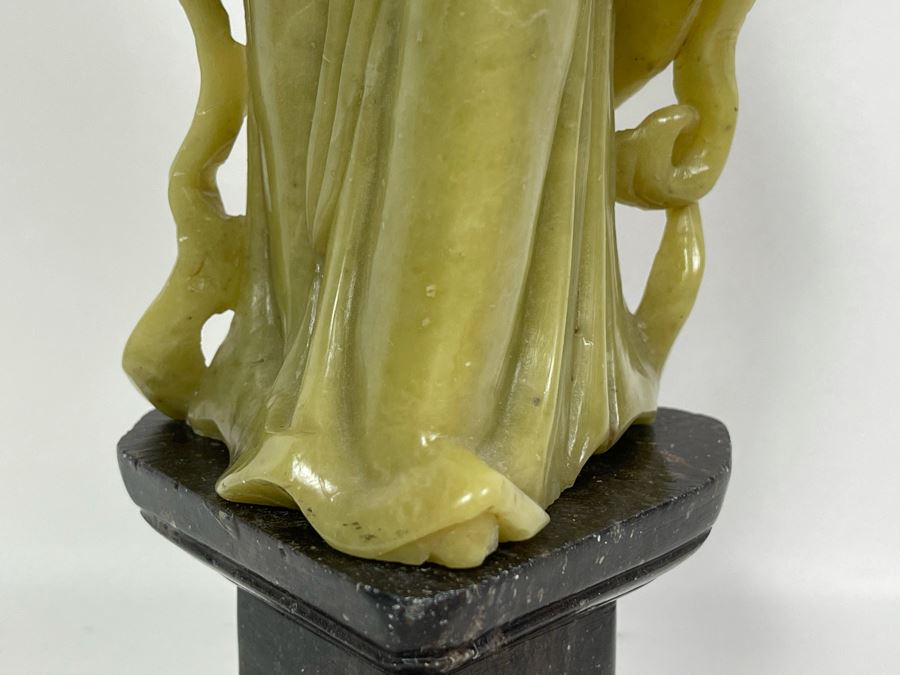 Vintage Chinese Green Carved Stone Figure On Carved Black Stone Base 12H [Photo 6]