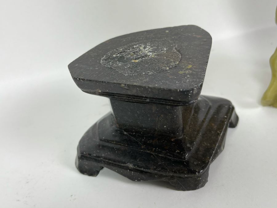Vintage Chinese Green Carved Stone Figure On Carved Black Stone Base 12H [Photo 15]
