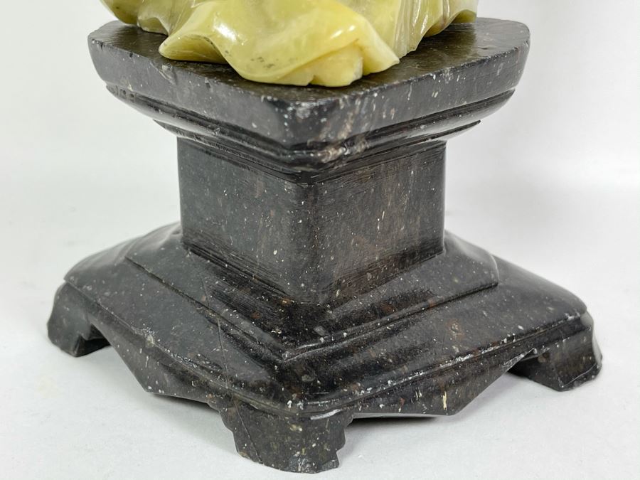 Vintage Chinese Green Carved Stone Figure On Carved Black Stone Base 12H [Photo 7]