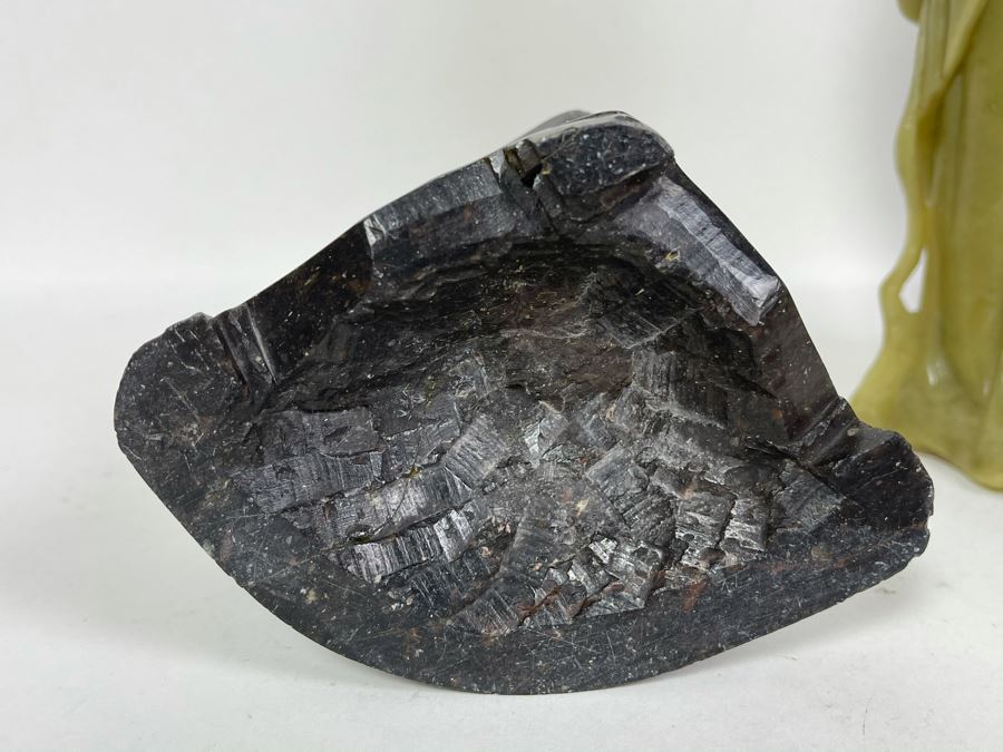 Vintage Chinese Green Carved Stone Figure On Carved Black Stone Base 12H [Photo 16]