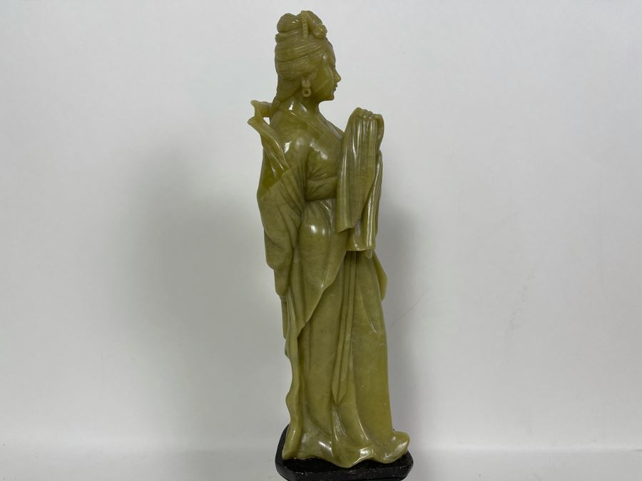 Vintage Chinese Green Carved Stone Figure On Carved Black Stone Base 12H [Photo 9]