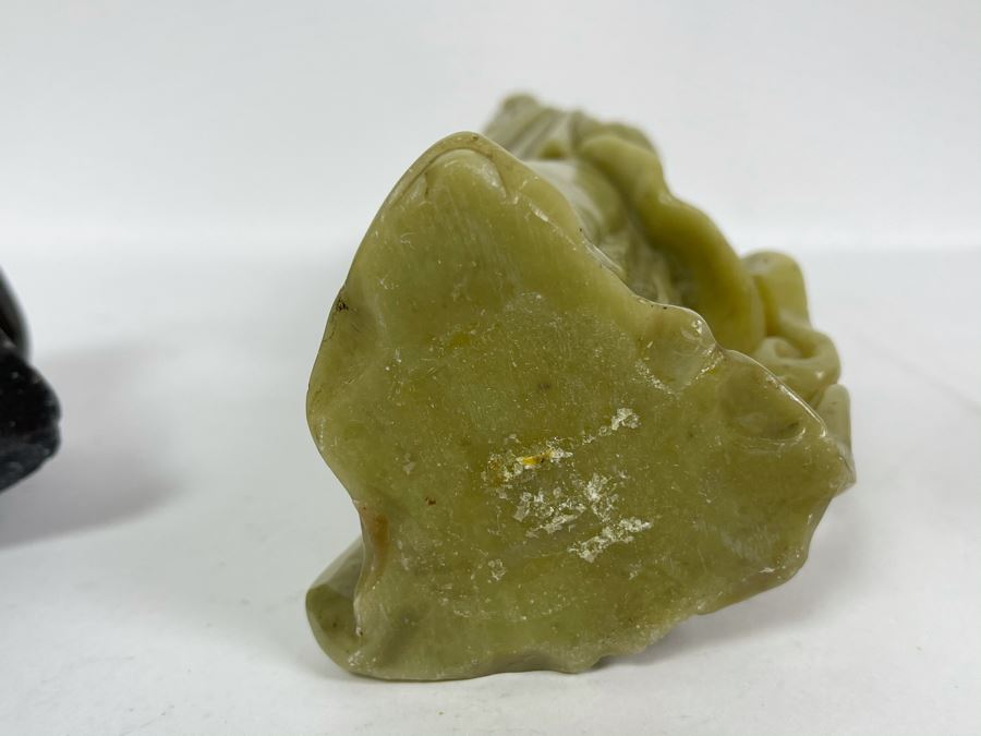 Vintage Chinese Green Carved Stone Figure On Carved Black Stone Base 12H [Photo 17]