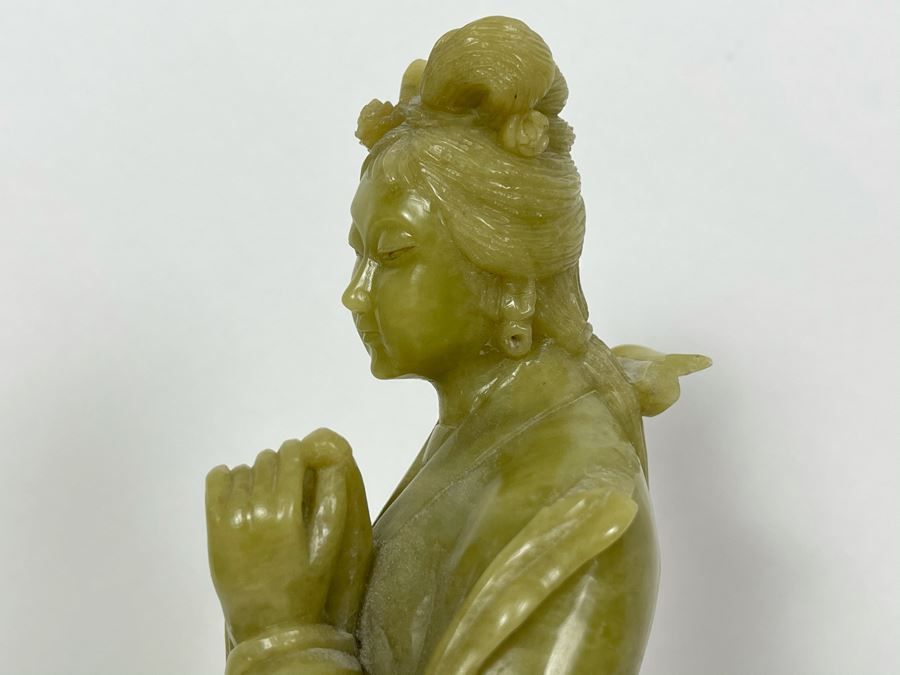 Vintage Chinese Green Carved Stone Figure On Carved Black Stone Base 12H [Photo 12]