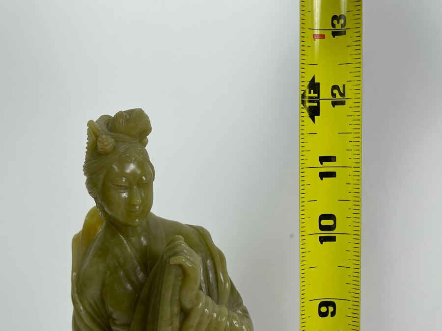 Vintage Chinese Green Carved Stone Figure On Carved Black Stone Base 12H [Photo 18]