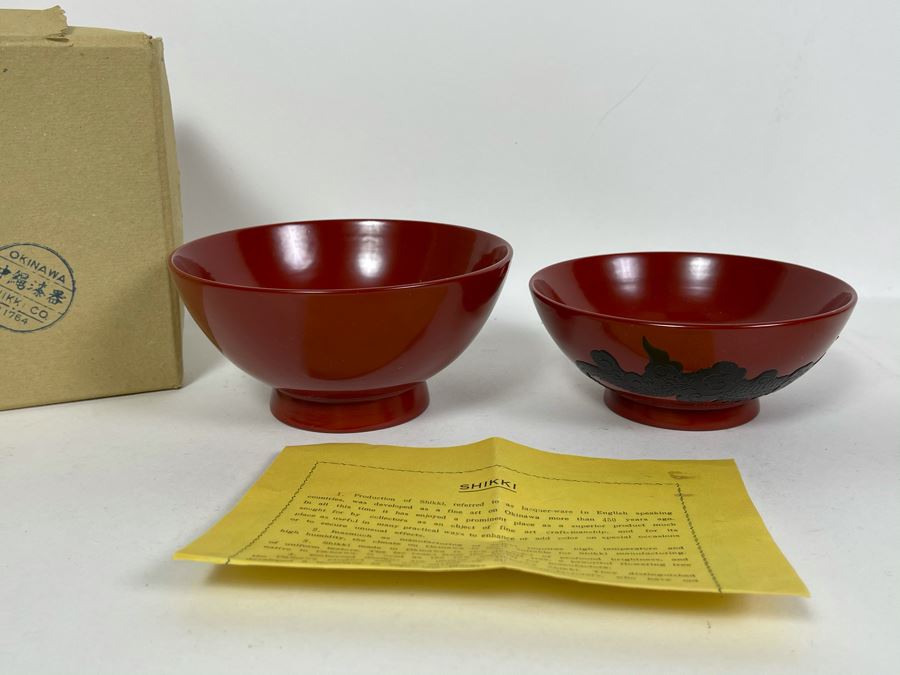 Pair Of Japanese Shikki Lacquer-Ware Bowls From Okinawa Japan Smaller Bowl Features Dragon 5R [Photo 2]