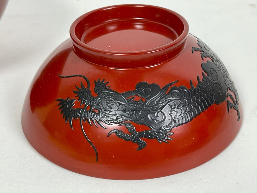 Pair Of Japanese Shikki Lacquer-Ware Bowls From Okinawa Japan Smaller Bowl Features Dragon 5R [Photo 8]