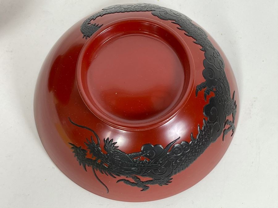 Pair Of Japanese Shikki Lacquer-Ware Bowls From Okinawa Japan Smaller Bowl Features Dragon 5R [Photo 7]