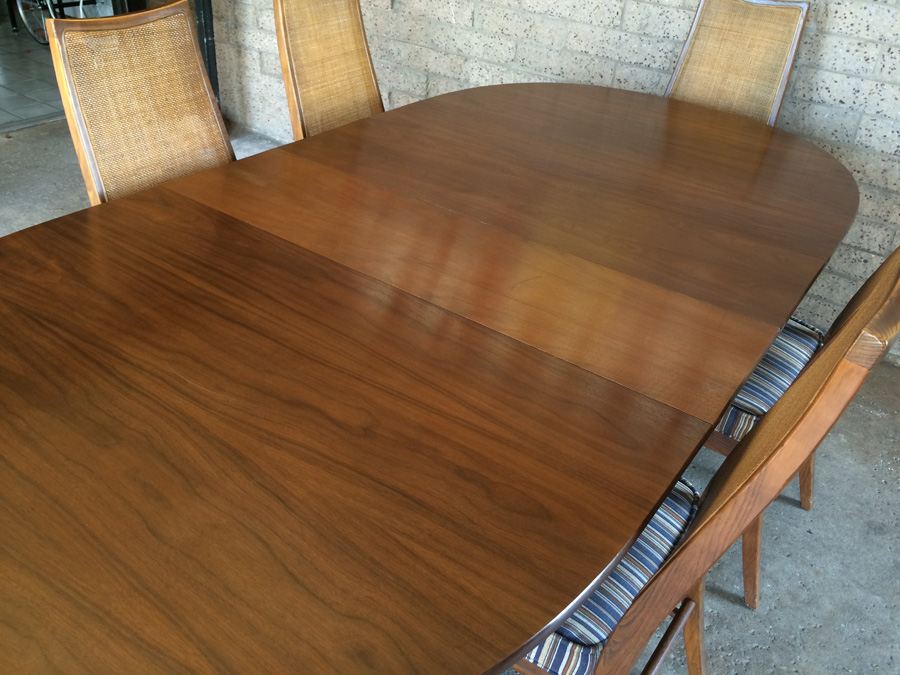 Stanley Mid-Century Dining Table with 6 Cane Back Chairs and 2 Leaves [Photo 15]