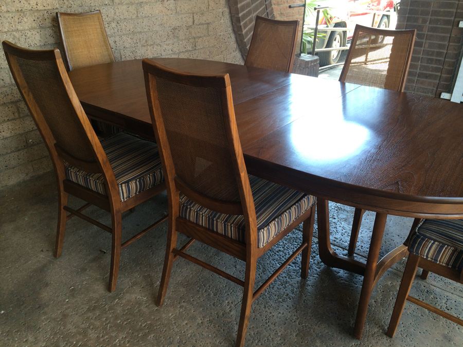 Stanley Mid-Century Dining Table with 6 Cane Back Chairs and 2 Leaves [Photo 11]