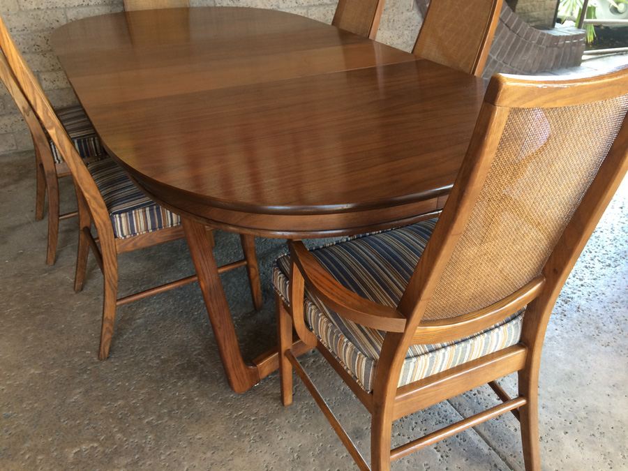 Stanley Mid-Century Dining Table with 6 Cane Back Chairs and 2 Leaves [Photo 9]
