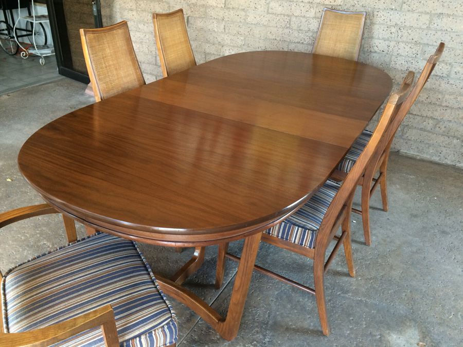 Stanley Mid-Century Dining Table with 6 Cane Back Chairs and 2 Leaves [Photo 3]