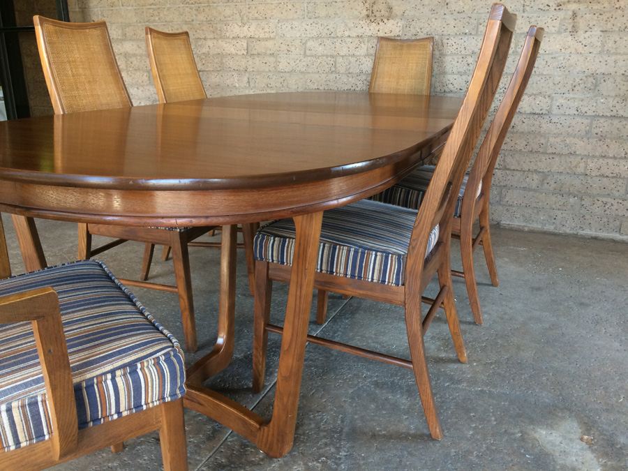 Stanley Mid-Century Dining Table with 6 Cane Back Chairs and 2 Leaves