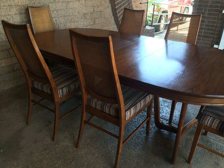 Stanley Mid-Century Dining Table with 6 Cane Back Chairs and 2 Leaves [Photo 12]