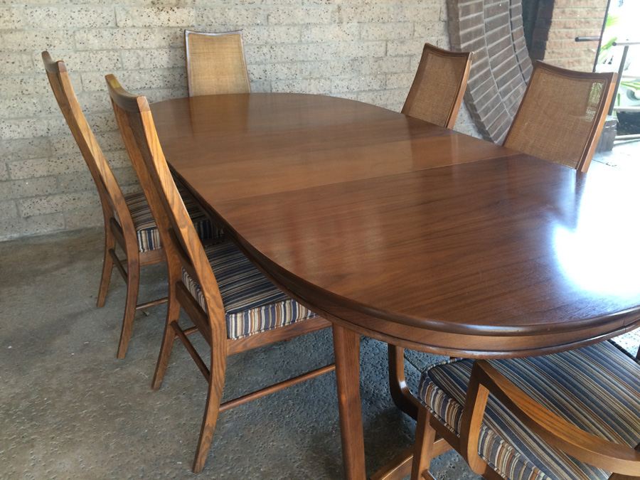 Stanley Mid-Century Dining Table with 6 Cane Back Chairs and 2 Leaves [Photo 10]