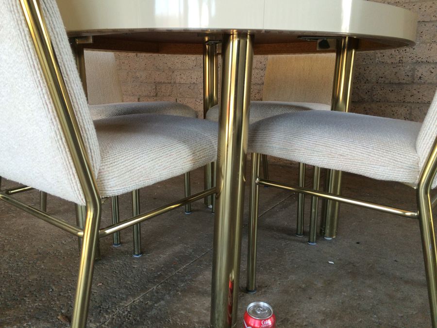 Round White Dining Table with 4 Chairs and Brass Accents [Photo 4]